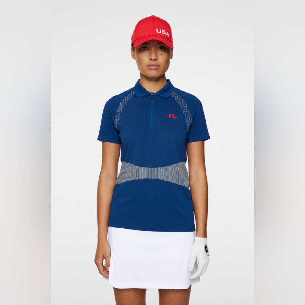 J.Lindeberg Womens Alizee Seamless Navy Polo with Red Accent